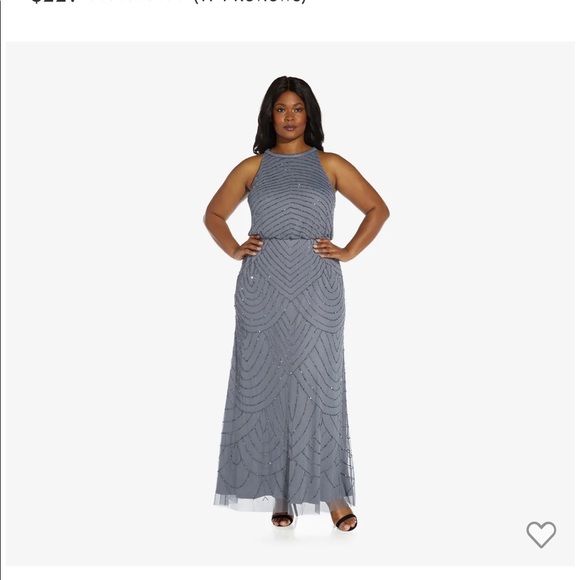 PLUS SIZE ART DECO BEADED BLOUSON DRESS WITH HALTER NECKLINE IN DUSTY BLUE - Picture 3 of 3